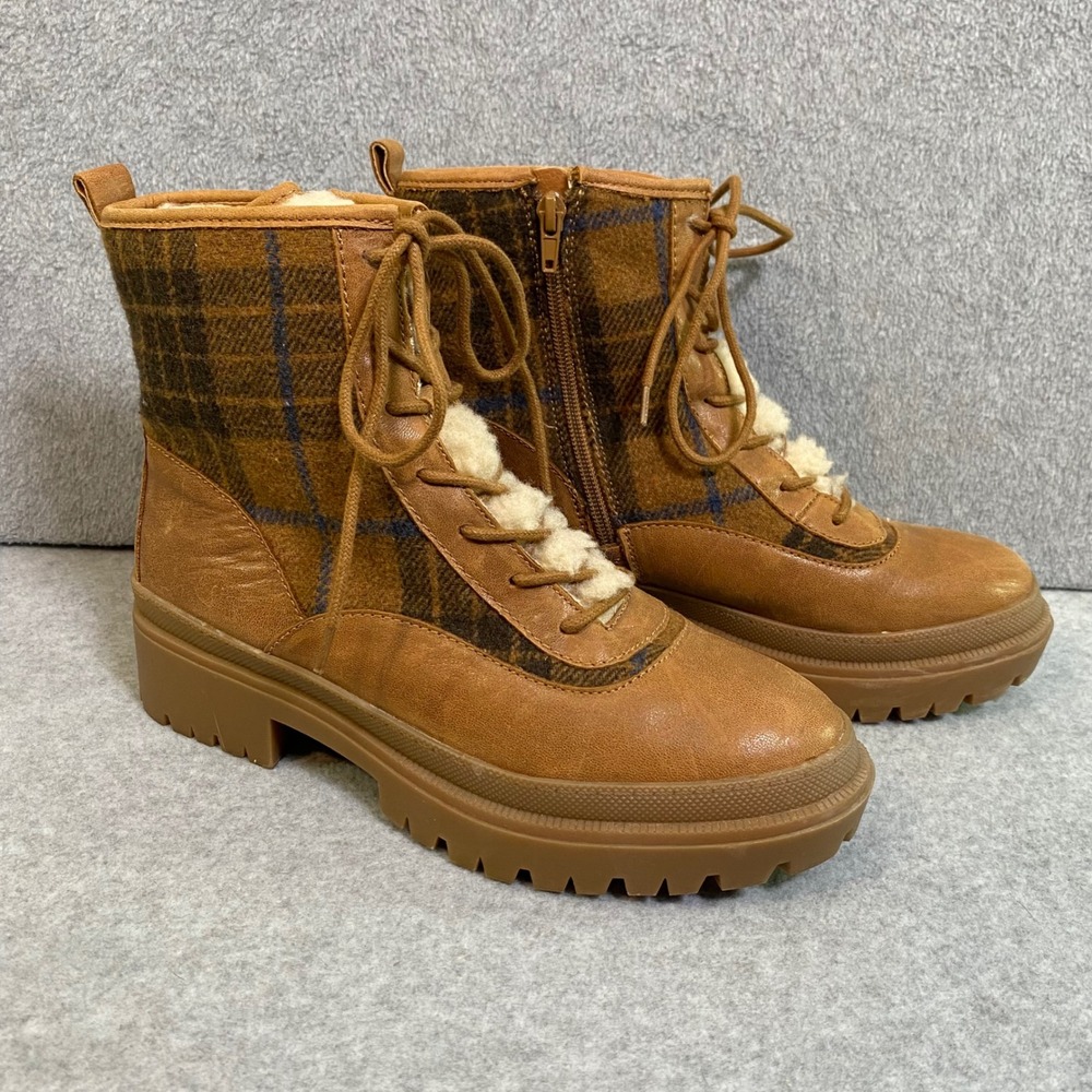 Lucky Brand Combat Boots Women 9M Brown Plaid Faux Shearling Lug Sole Casual EUC